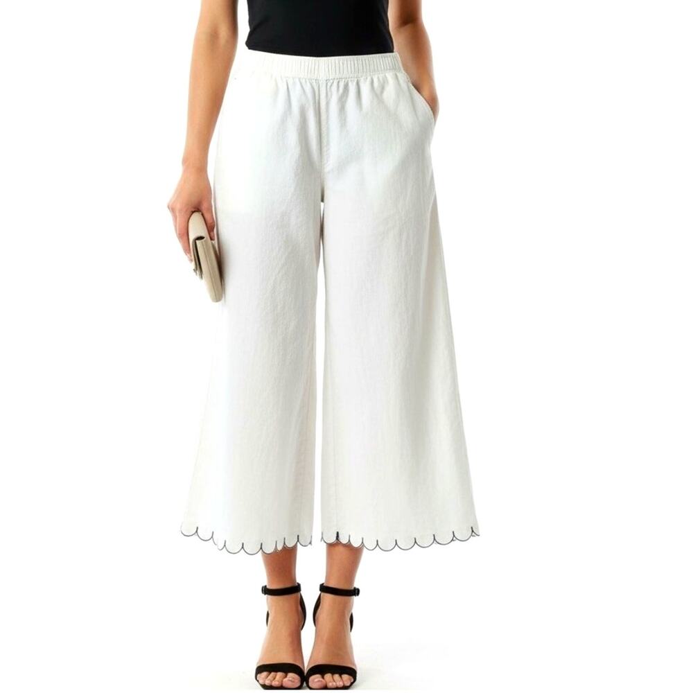 Sigrid Olsen White Linen Pants Coastal Wide Leg Crop Scalloped Hem Boho Chic L